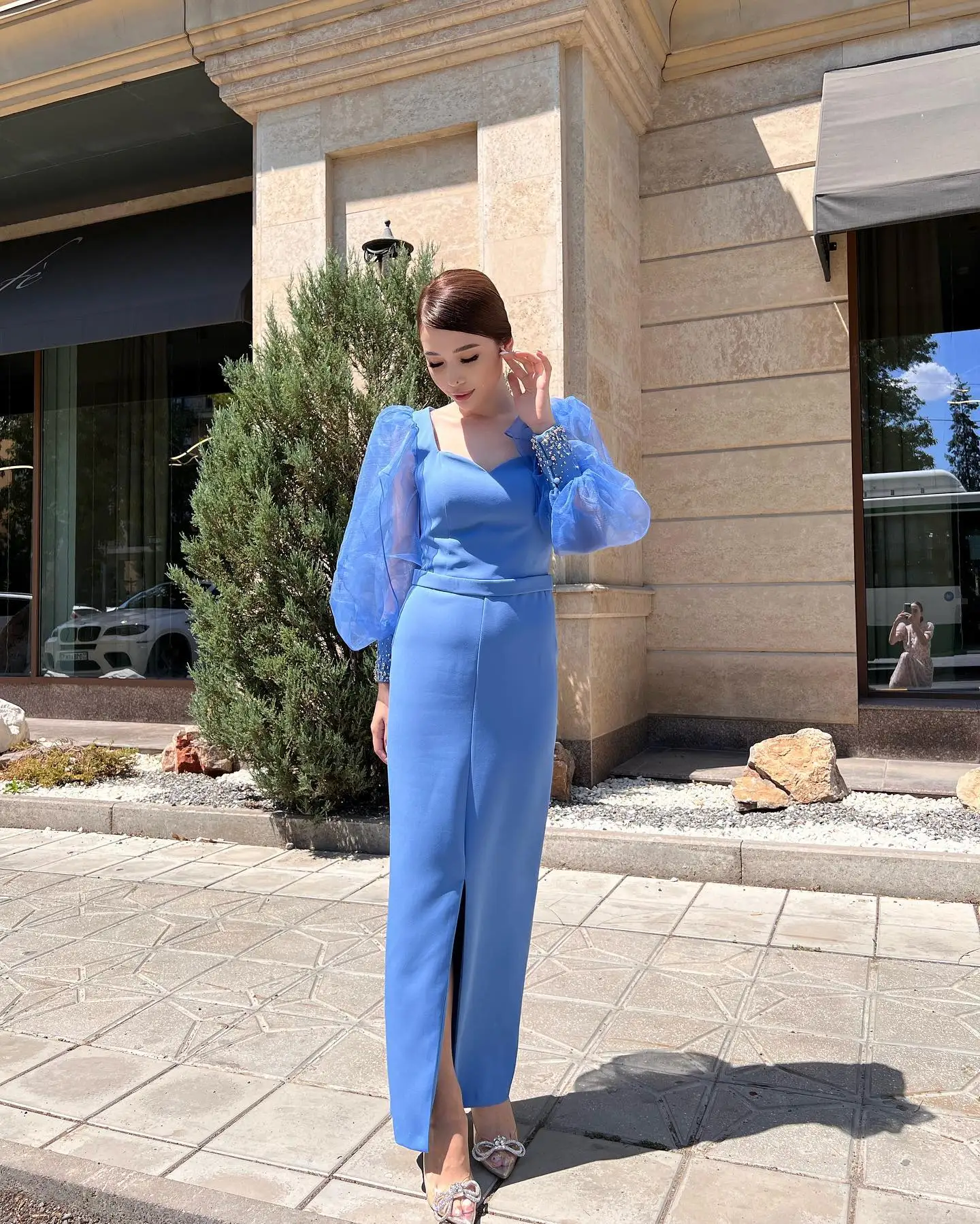 

Customized Exquisite Jersey Crystal Evening Dresses Temperament Long Sleeves Sweetheart Prom Dress Custom Size Party D