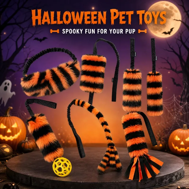 Halloween Series 7pcs Toy Set Dog Bungee Tug Toy, Outdoor Interactive Pull & Chew Plush Pet Toy, Durable High Quality for Dogs