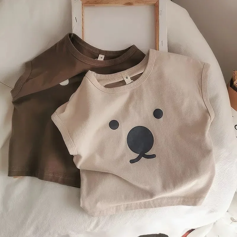 

(1-5 лет) 2025 Ins детский жилет, новая летняя одежда, однотонный модный детский топ без рукавов с принтом медведя, тонкий