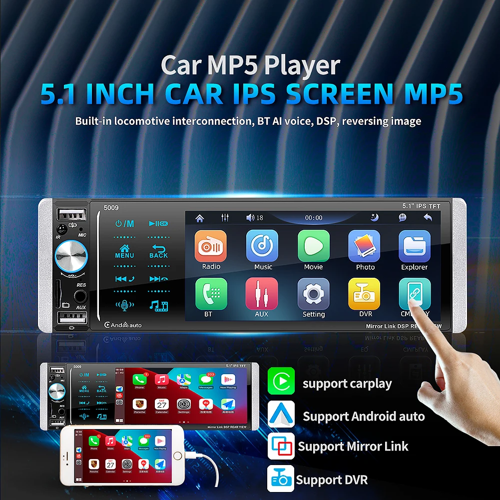 

1din Car MP5 Player 5.1Inch Touch Screen Voice-activated Audio Stereo In-dash Radio For Car Bluetooth Hands-free USB Fast Charge