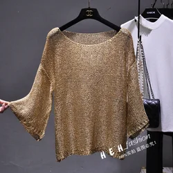 Holiday Beach Dress Shine Led A Word Sequins Thin Paragraph Sweater Horn Sleeve  Hollow Out Is Prevented Bask In Overall