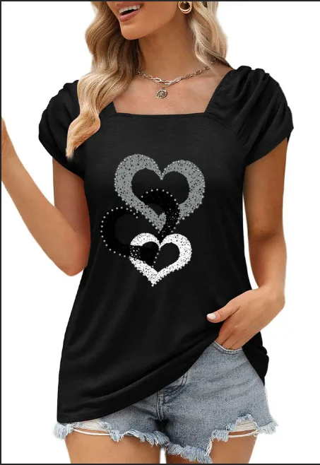Summer Solid Color Heart Printed Square Neck Short Sleeved Loose T-shirt 2025 Women's Fashionable Casual Printed Square Neck Top
