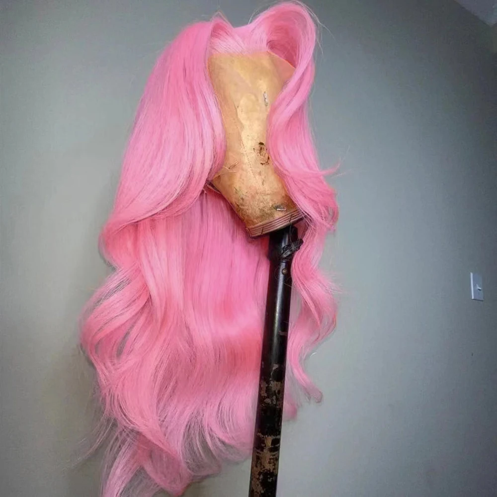 WIF Middle Part Pink Hair Lace Front Wig Long Body Wave Natural Hairline Synthetic Wig Heat Resistant Women Cosplay Use Pink Wig