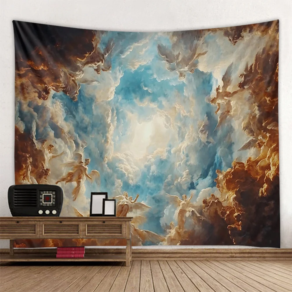 Vintage Sky Figure Tapestry European Church Ceiling Wall Hanging Living Room Background Poster Home Dormitory Studio Decoration
