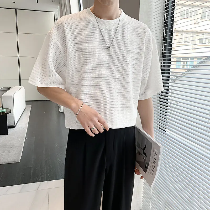 

Summer Short Sleeved T-shirt Men Fashion Black White Casual T Shirt Men Streetwear Korean Hollowed Out T Shirt Mens Top