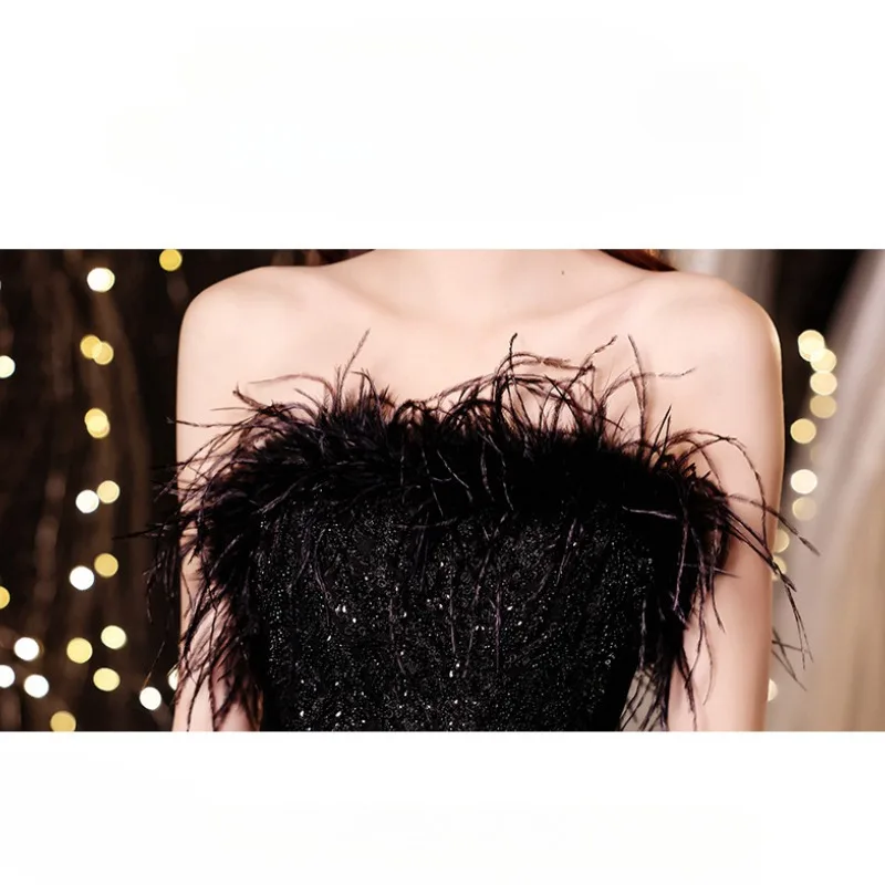 Preto banquete vestido de noite 2025 nova primavera e verão temperamento tubo superior aniversário formal vestido feminino elegante vestidos de noite