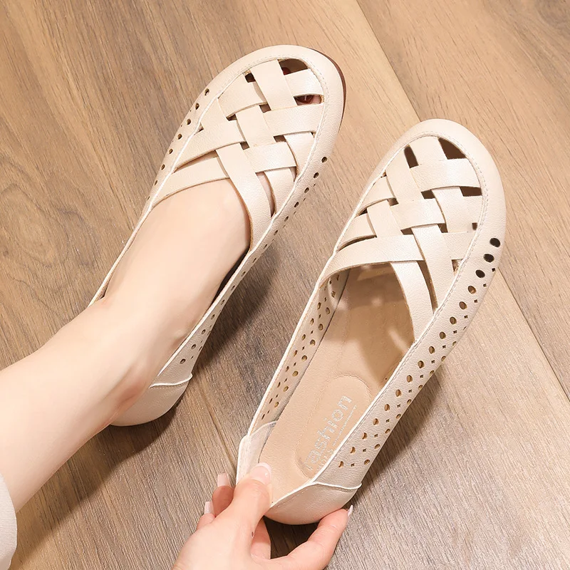 

Leather Walking Sandals Ladies Flat Summer Shoes Woman Slip On Casual Shoes Loafers Hollow Out Round Toe Soft Comfort Sandals