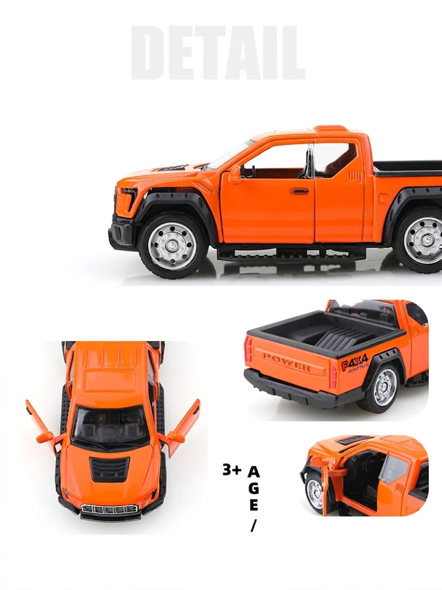 (Corrugated Box) 1/36 scale replica of the FI50 off-road pickup truck style, die-cast metal, boy's toy, pullback function.