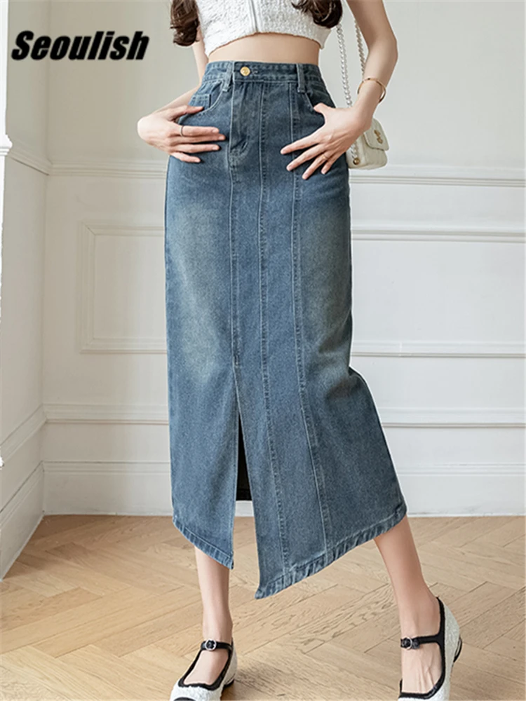 

Seoulish High Waist Irregular Women's Denim Long Skirts Spring Summer Front Split Vintage Cowboy Jeans Skirts Female 2023 New
