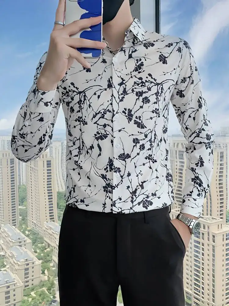

Slim Fit Long Sleeve Floral Print Shirt Men's Fashionable Spring Summer Vintage Korean Style Shirt Ice Silk Youth Popular Shirt