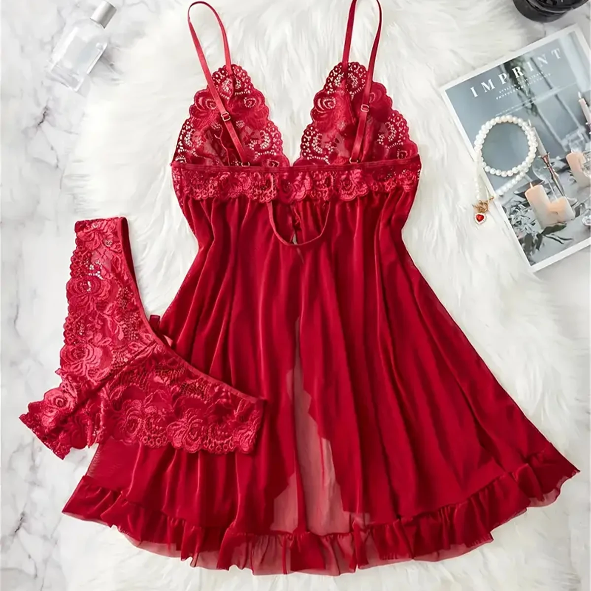 Elegante Transparente Rote Sexy Dessous frauen Unterwäsche Durchsichtig Nachtwäsche Spitze Nachthemd Panty Pijamas Sets Weibliche Babydoll