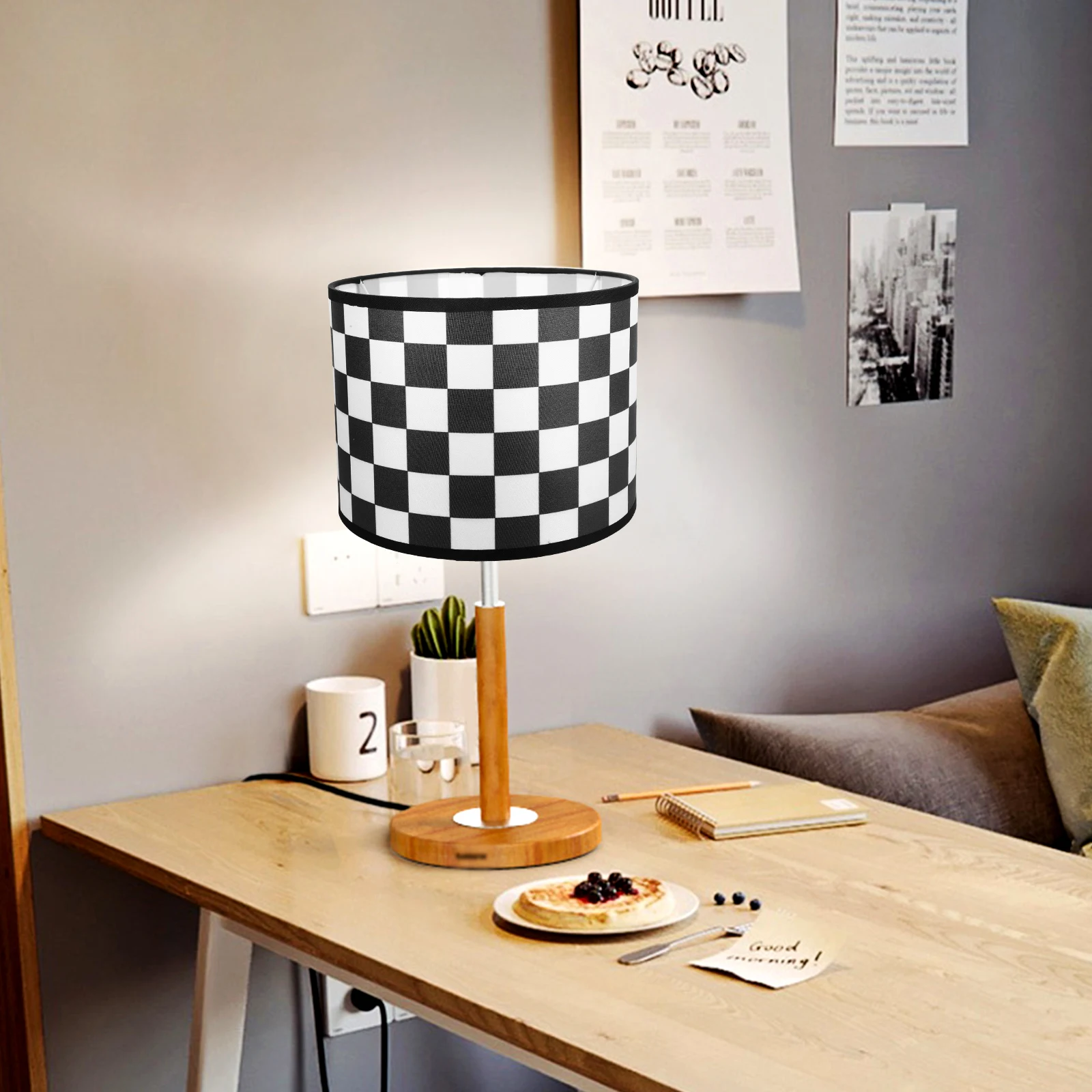 

Linen Plaid Lamp Shade For E27 Bulb Checkered Fabric Drum Table Desk Floor Wall Bedside Light Cover Replacement Lighting