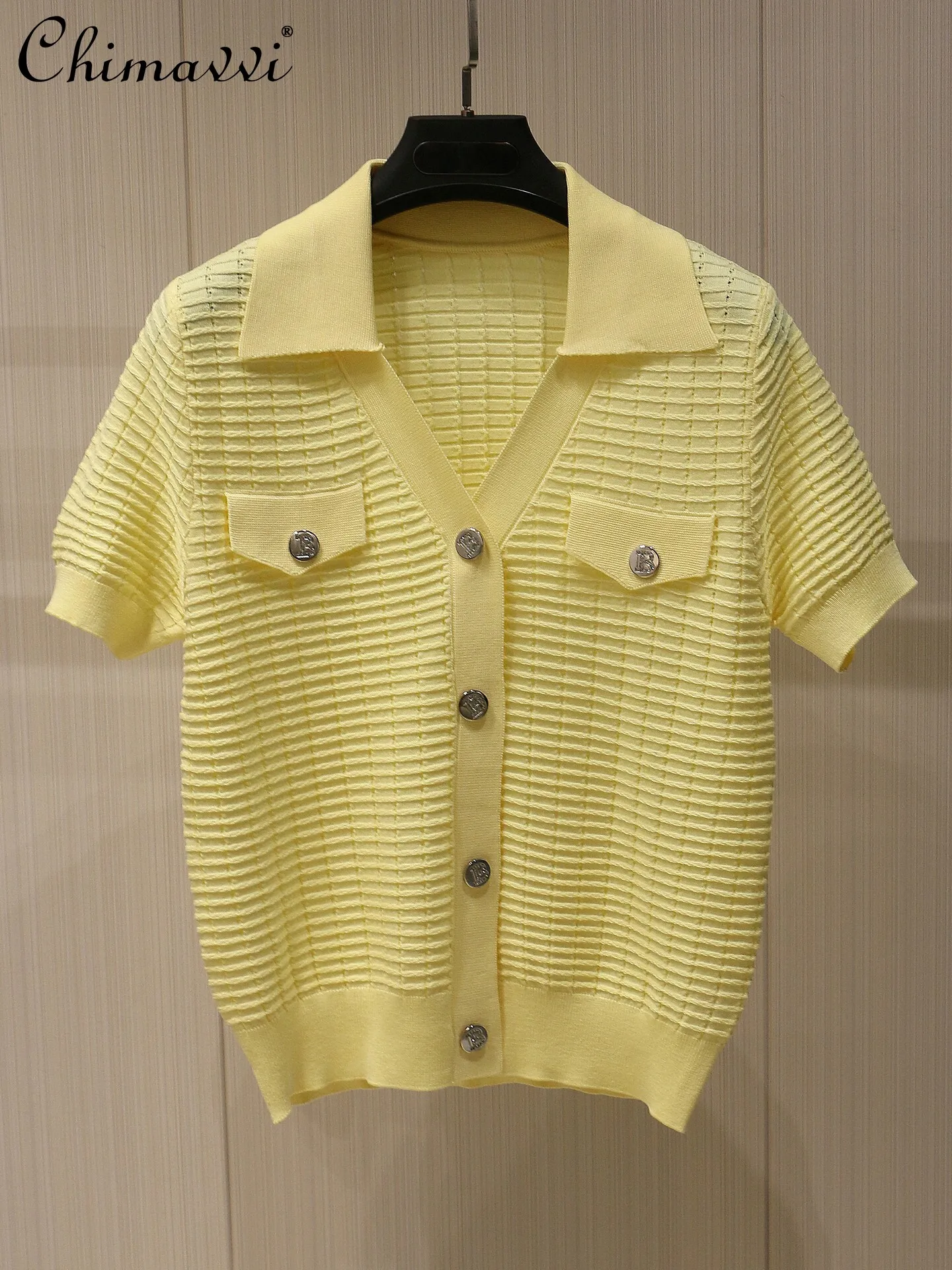 

French Fashion Polo Collar Short Sleeve Knit Cardigan Women's Spring Summer New Ladies Commute Yellow Slim Fit Cropped Top