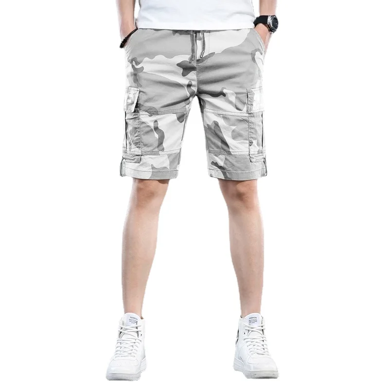 Fashion Camouflage Shorts Men 2022 Summer Casual Multi-Pocket Gray White Drawstring Short Cargo Pants