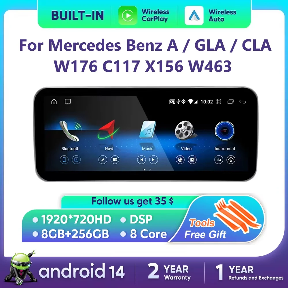 Android 14 Car Multimedia Player，Mercedes Benz W176 C117 X156 W463 2012-2018 GPS Touch Screen Navi Video Stereo WIFI Carplay