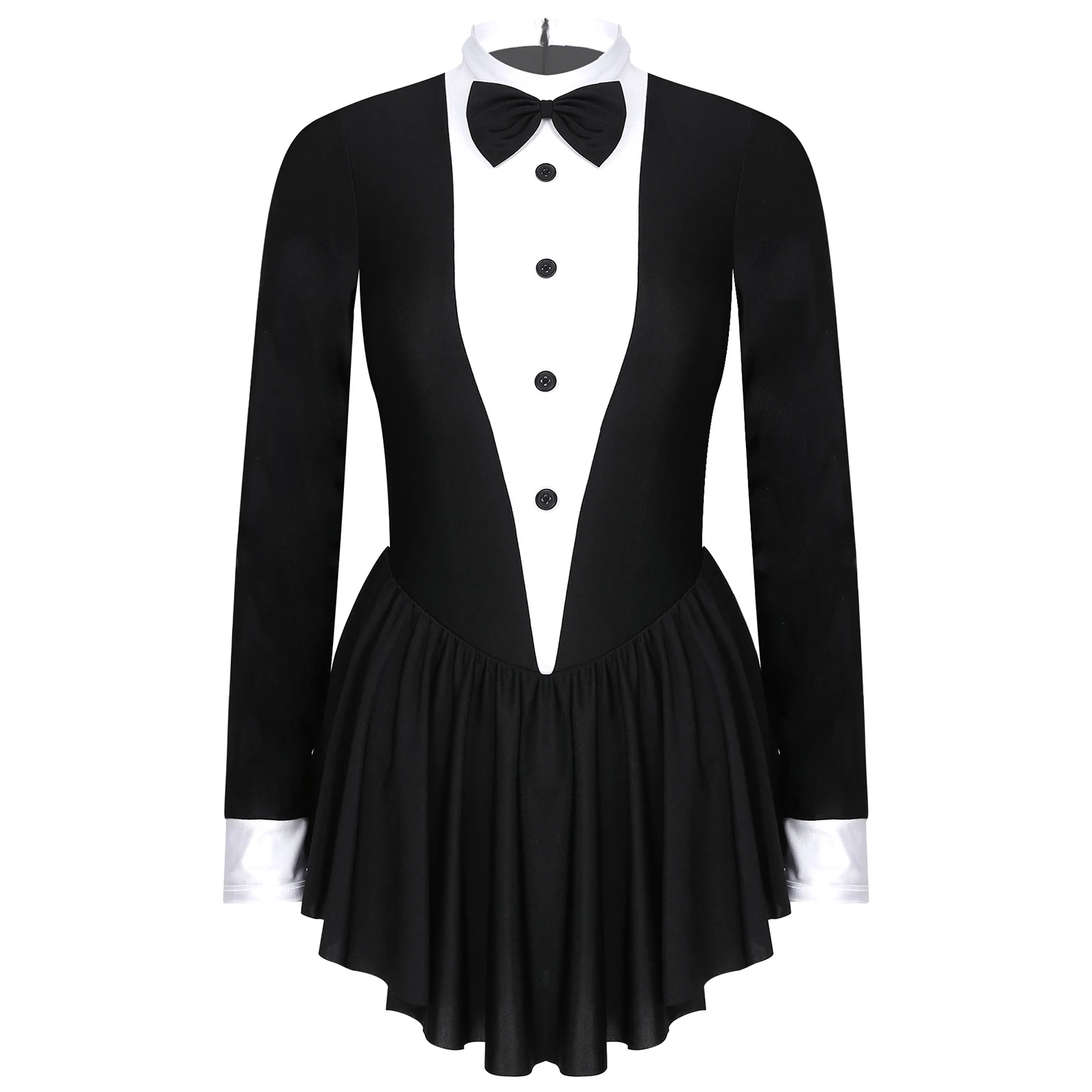 Women Long Sleeve Ballroom Latin Dance Dress Contrast Color Modern Ballet Tuxedo Dancewear Waitress Cosplay Costume Clubwear