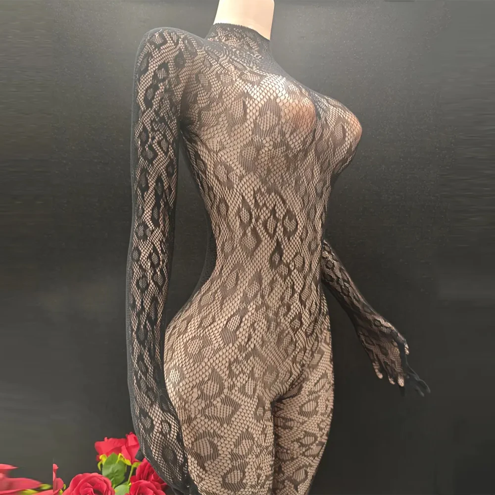 Body de rejilla de leopardo, body sin espalda de manga larga ahuecado, lencería y ropa interior sexy para mujer