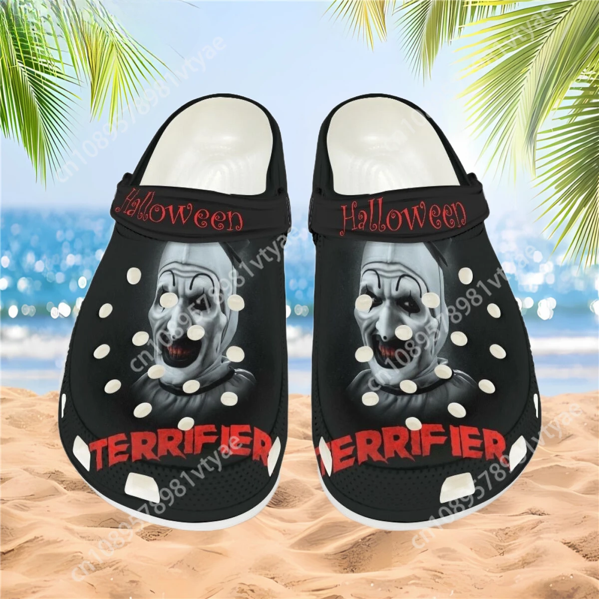 

New 2023 Fashion Men's Clogs Sandals Halloween Horror Movie Custom Breathable Round Hole Shoes Anti Slip Bathroom Shoes Gifts