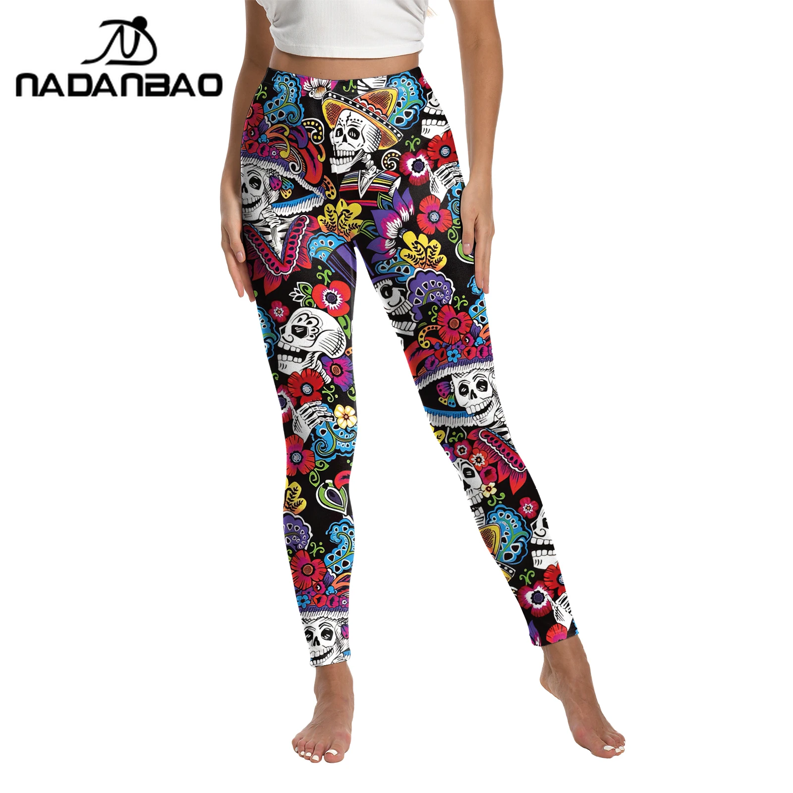 Nadanbao Leggings da donna con stampa teschio di zucchero colorato giorno dei morti Pantaloni da festival elasticizzati a vita media Collant da festa di Halloween
