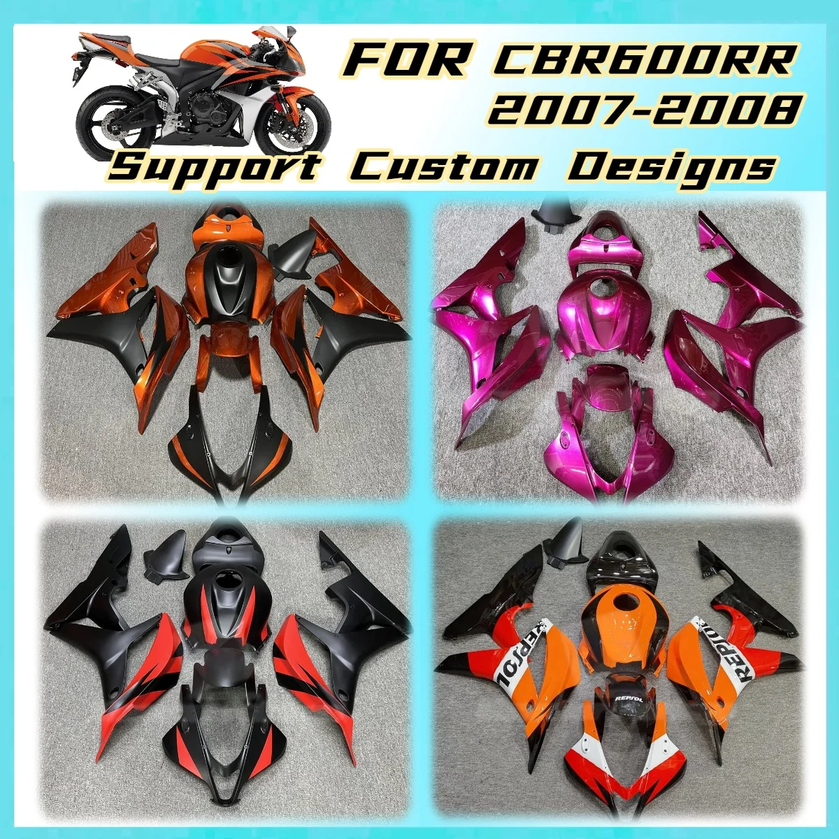 For 2007 2008 Honda CBR600RRR Injection Molded Full Fairing Kit CBR 600RR 07 08 Pre-Drilled ABS Bodywork Fairings