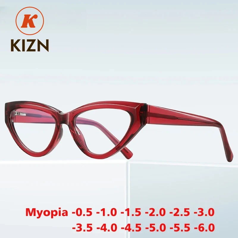 

KIZN Cat Eye Prescription Myopia Glasses Thick Frame NEW Women Fashion Discoloration Anti Blue Light Eyewear -0.50 TO -10