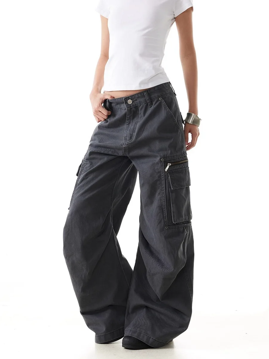 Ladies Baggy Cargo Pants Multiple Zipper Side Pockets High Street Oversized Wide Leg Casual Bottoms