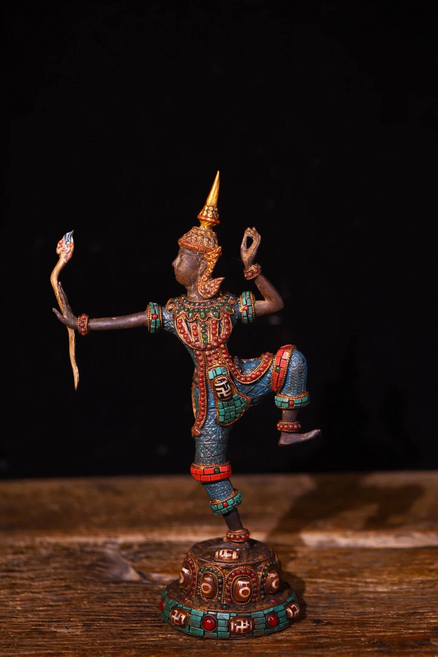 Old Lima Copper Mosaic Gem gZi Beads Turquoise Indian Buddha Molizhitian Lotus Terrace Standing Buddha Amitabha Worship Hall