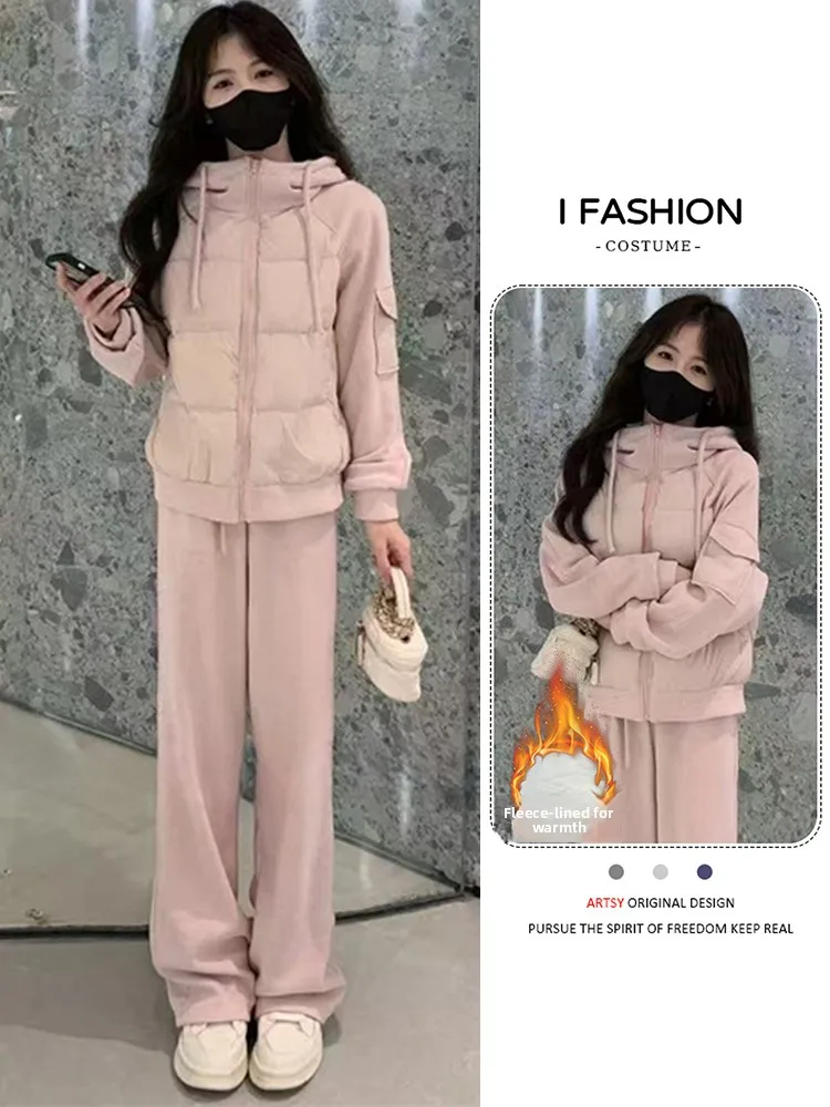 

Winter New plus Size Women's Fce Lined Thiened Warm Cotton Jaet And Wide Leg Pants Two Piece Set Commute Faionable