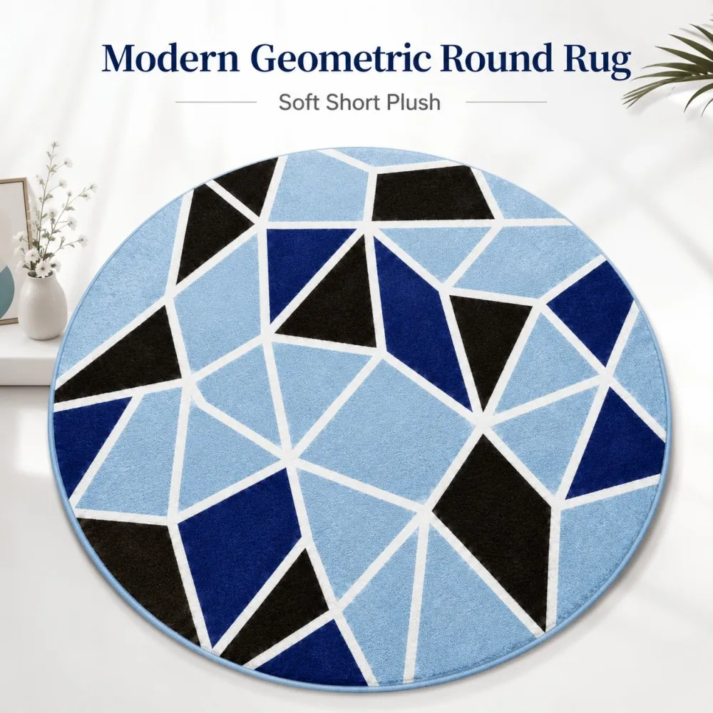 

ESRBSO Modern Geometric Round Rug Soft Short Plush Area Mat Blue Abstract Printed Carpet for Bedroom Living Room Home Decor