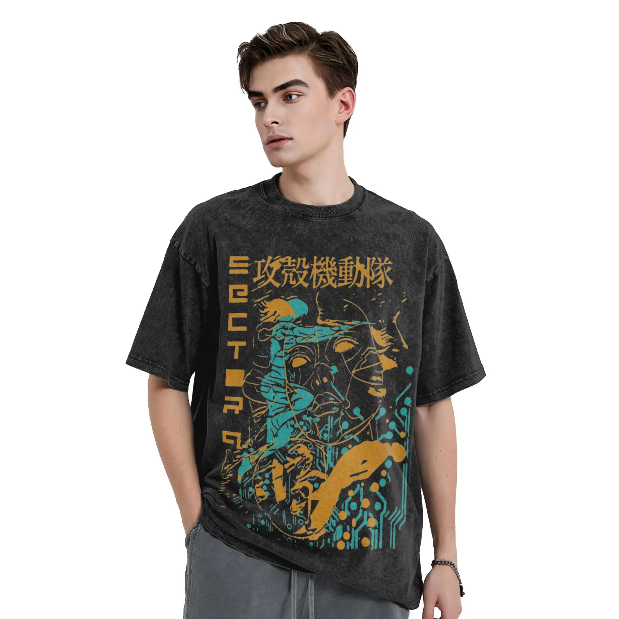 Ghost in the Shell Retro Vintage Washed T Shirts Pure Cotton Fashion for Male T-Shirt Round Collar  Tees Short Sleeve Clothing