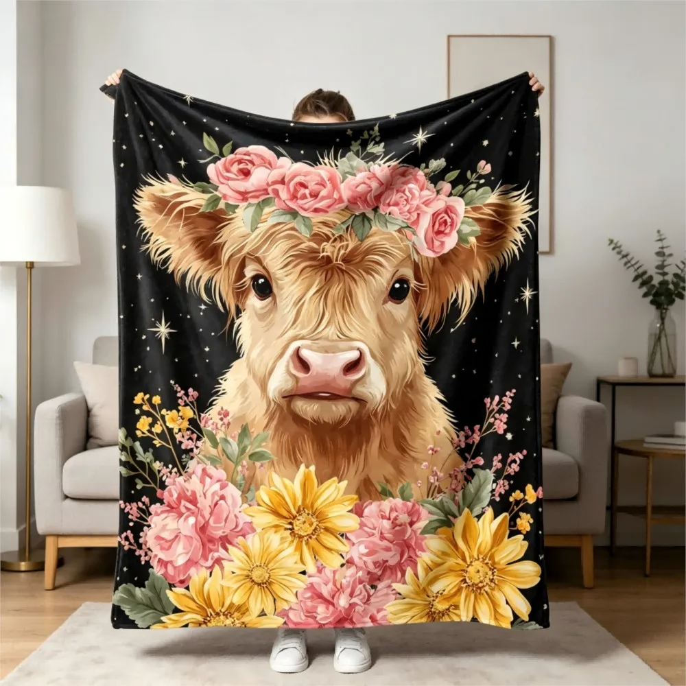 1pc Cute Highland Cow Flowers Flannel Blankets Throw Unique Gifts Animals Pattern Flannel Blanket Gifts Four Season Use