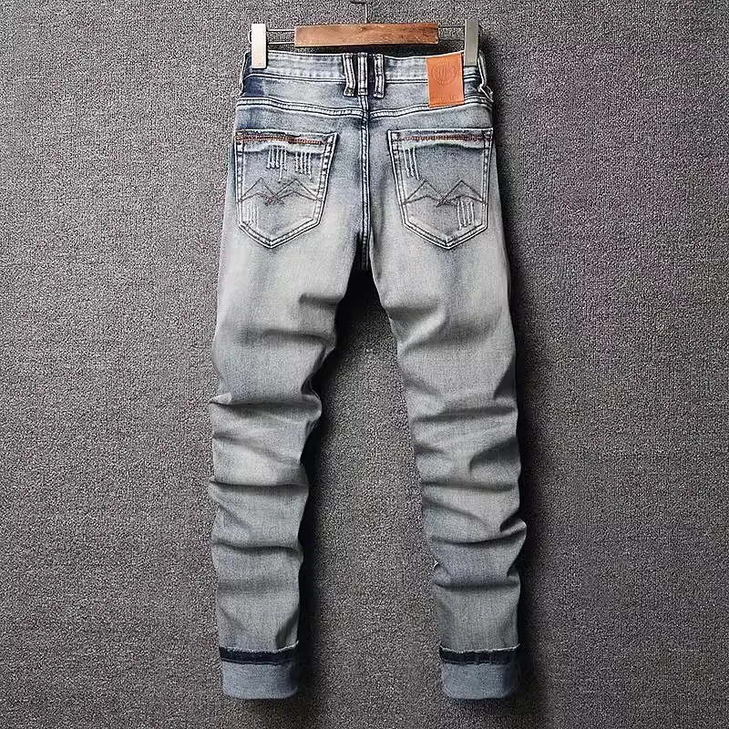 Street Fashion Men Jeans Retro Washed Blue Stretch Slim Fit Vintage Ripped Jeans Men Italian Style Designer Denim Pants Hombre