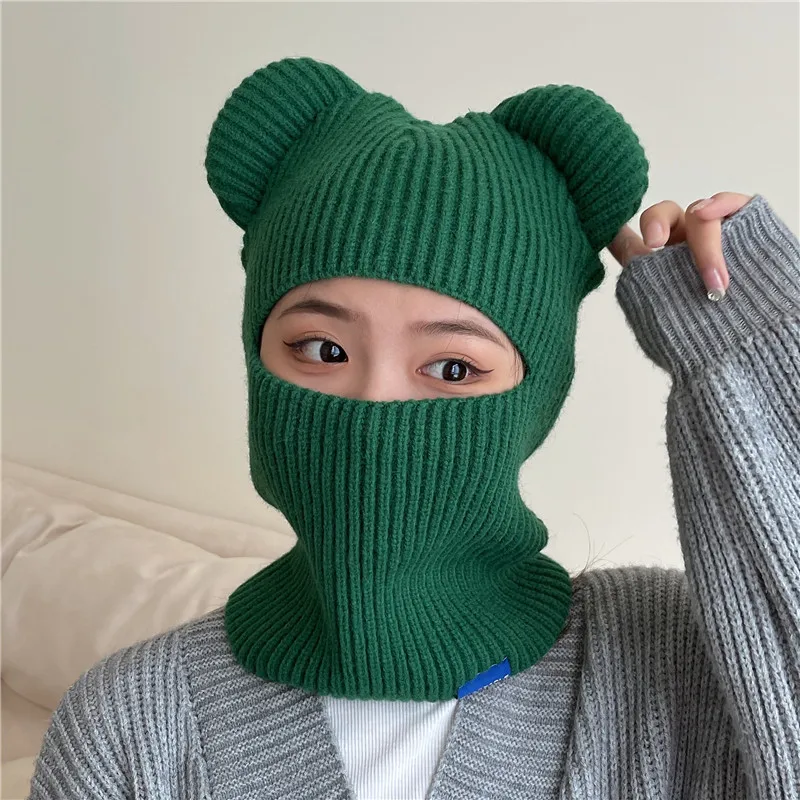 Pasamontañas con orejas de oso para mujer, gorro cálido de lana de cara completa, bufanda para deportes al aire libre, máscara de esquí, gorro,