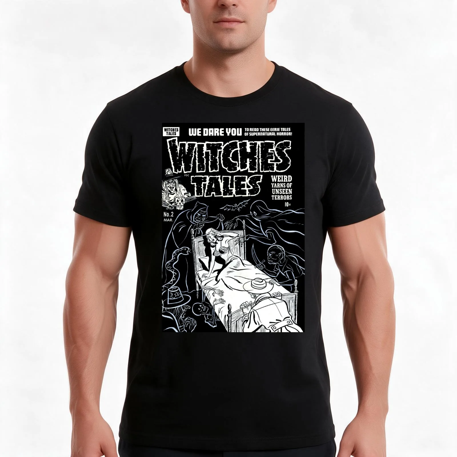 Witches Tales #2 (Harvey Horror Comics) - restored original b/w artwork T-Shirt Summer Casual Cotton Tee Vintage Graphic Print