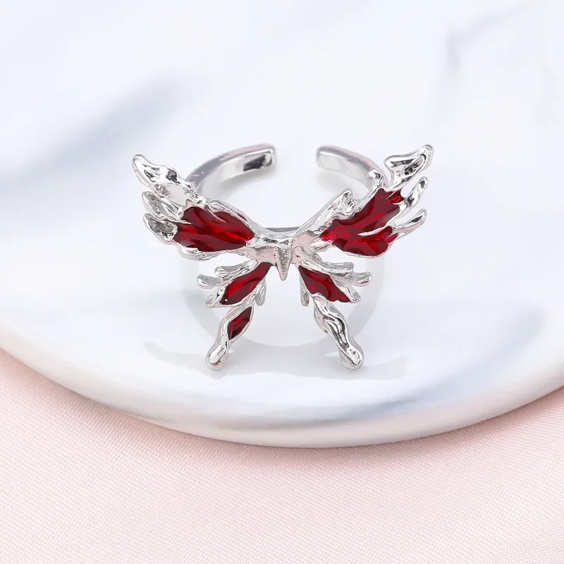 Personality Red Enamel Butterfly Opening Rings for Women Punk Style Charm Stainless Steel Finger Ring Hip Hop Jewelry Y2K Gift