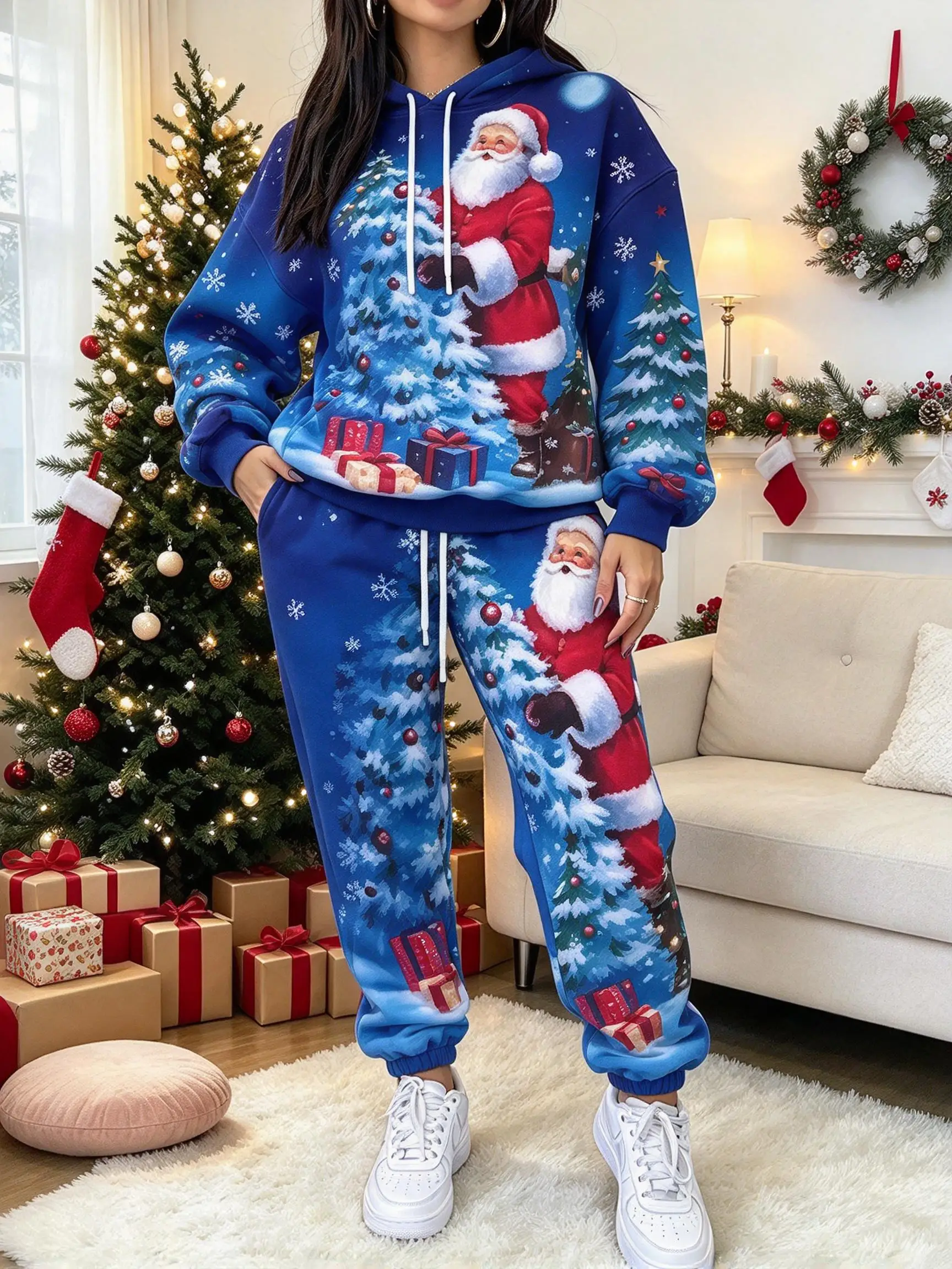 Holiday Christmas Pattern 2 Piece Set, Ladies Drawstring Hoodie and Elastic Jogger Pants
