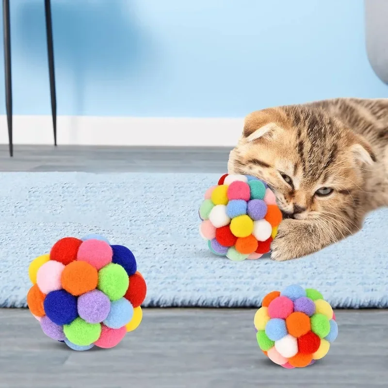 Cat Toy Balls Cat Plush Ball Toy Colorful Soft Fuzzy Balls Interactive Playing Chewing Toys Pet Elastic Bell Ball for Indoor Cat