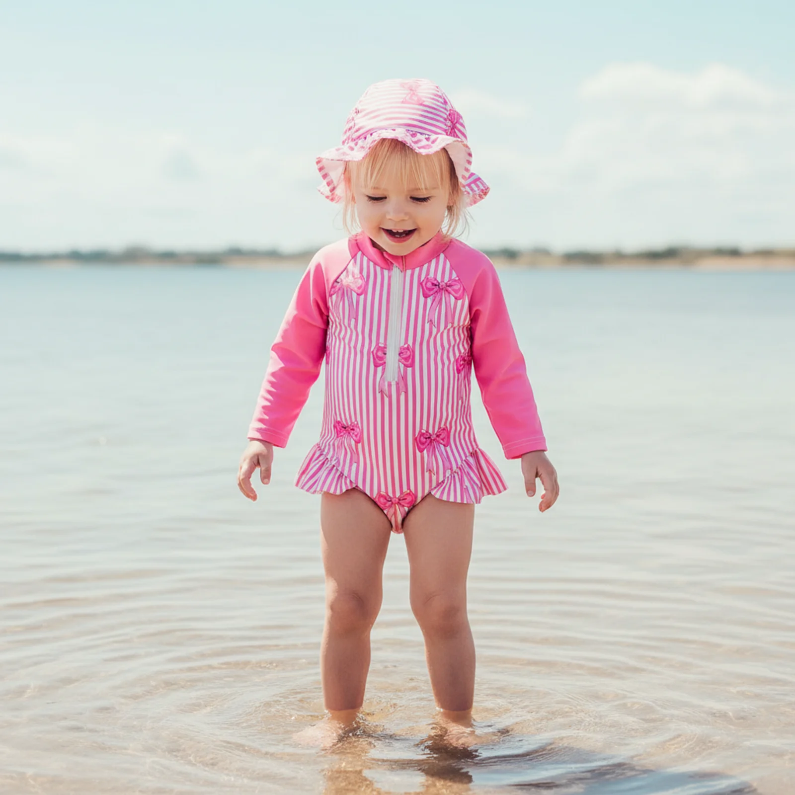 

Cute Summer Baby Girl Rash Guard Swimsuit Cute Print Long Sleeve Bathing Suit Infant Baby Swimwear with Sun Hat