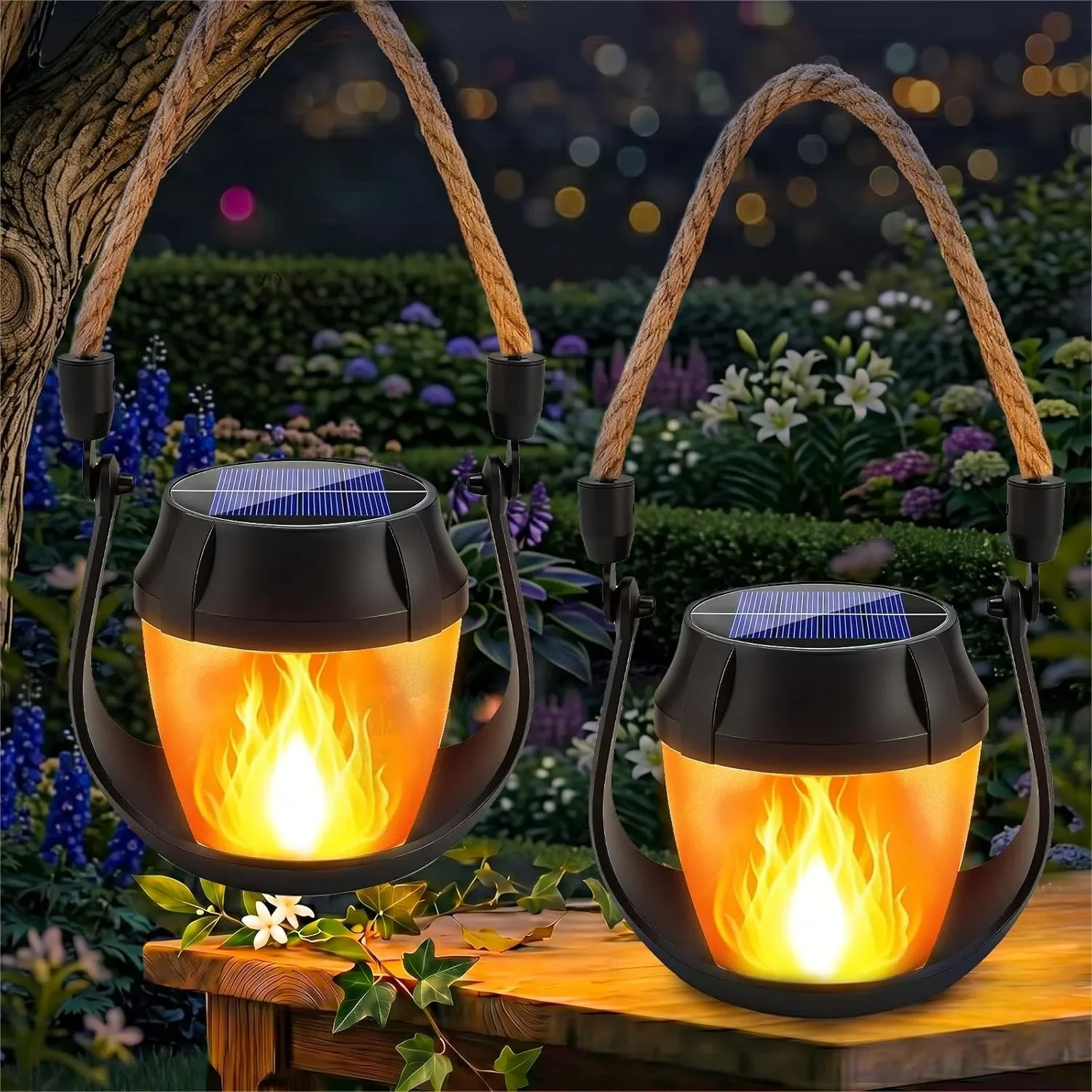 

2 Pack Hanging Solar Lanterns Outdoor With Realistic Flickering Flame & Auto On/Off, IP65 Waterproof Solar Lights For Garden Pathway Yard Tree Table Camping Decor