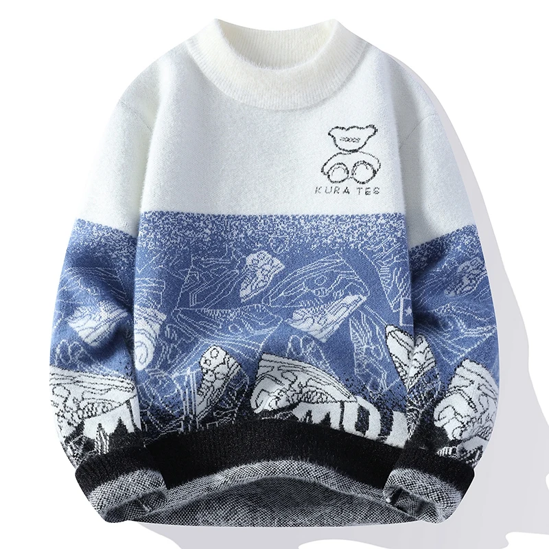 

Мужской вязаный свитер с круглым вырезом, модный, с цветными блоками, базовый слой, теплый, осенне-зимний, модный, в стиле lazy style, весенне-осенняя верхняя одежда