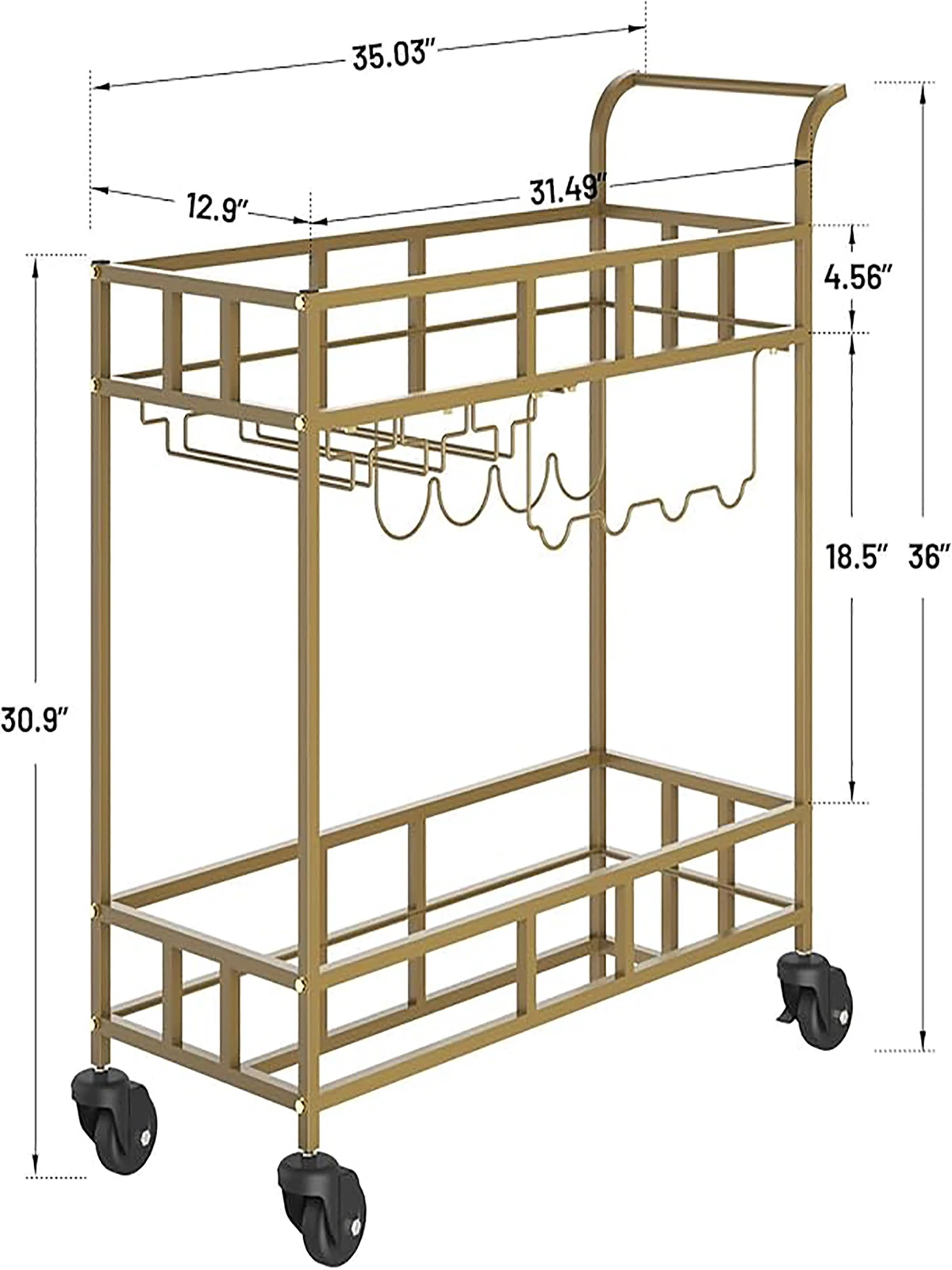 2-Tier Rolling Bar Cart–Beverage & Wine Service Trolley with 4 Bottle Racks & 3 Glass Holders Compact Metal for Home, Kitchen
