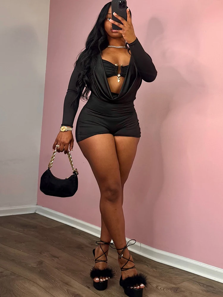 Sisterlinda Playsuits mit schwingendem Ausschnitt für Damen, einfarbig, mit Metalleinsatz, Ausschnitt, volle Ärmel, Stretch, sexy, schmal geschnitten, schick, trendige Clubwear – Detail 23