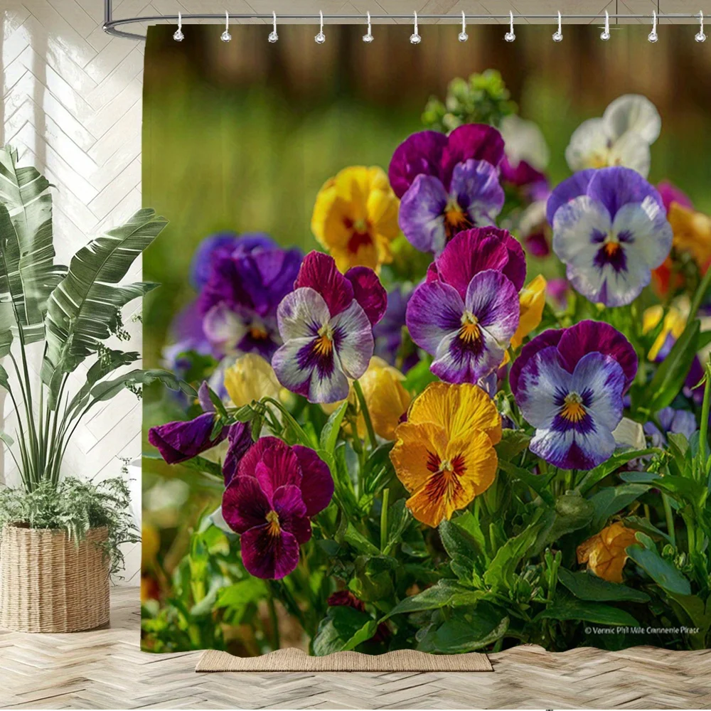 Vivid Multicolor Pansy Flower Field Pattern Bath curtain Plush Bedspread Portable  for Bedroom Couch Spring