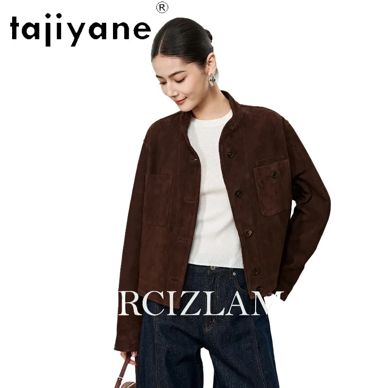 TAJIYANE Short Genuine Leather Jacket Woman Outerwear Stand Collar Leather Coat Goatskin Suede Jackets for Woman Куртка Женская