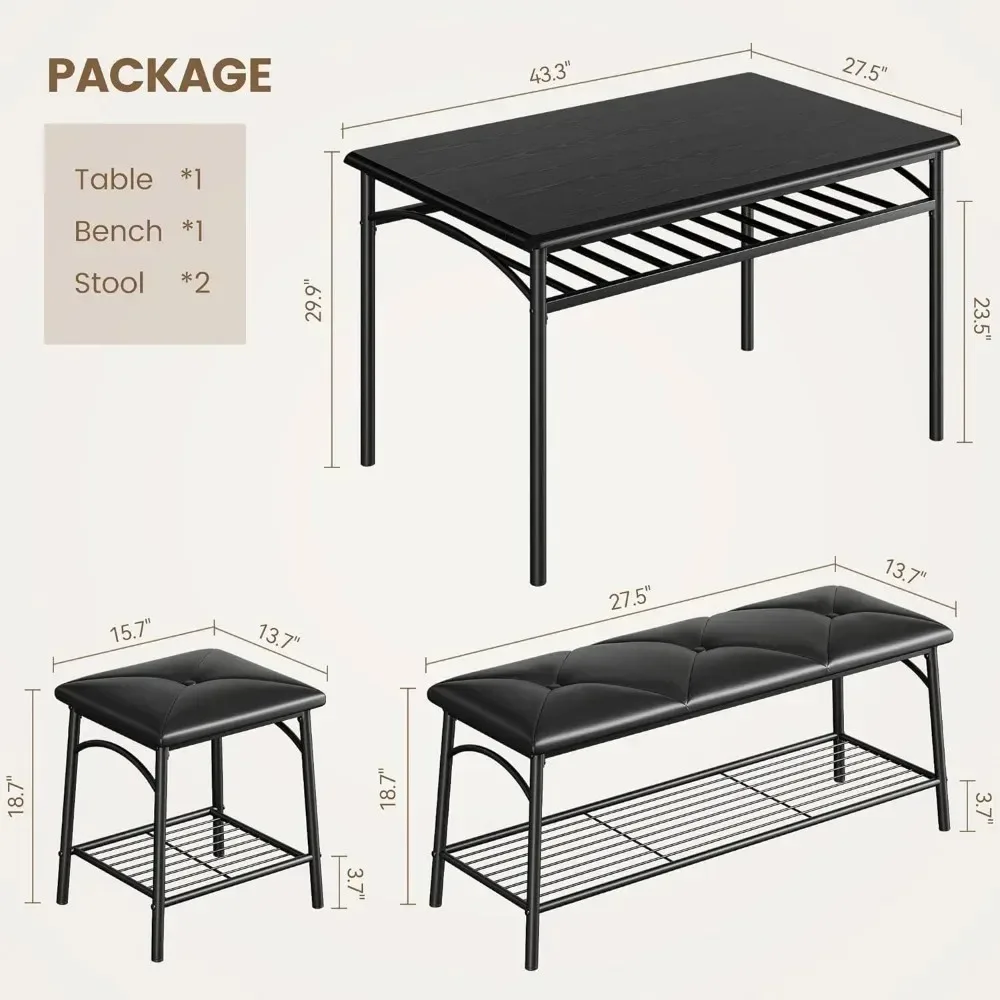 Dining Table Set for 4, Kitchen Table Set with Upholstered Bench and Square Stools, Metal and Wood Dining Room Table Sets