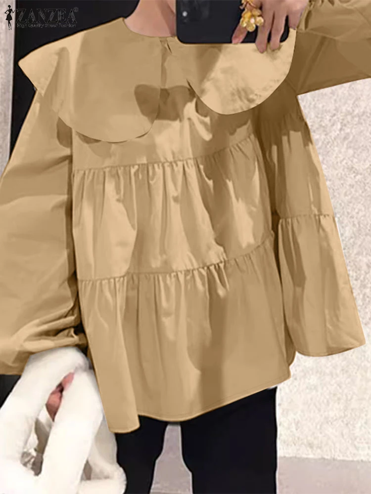 ZANZEA 랜턴 슬리브 레이어드 작업복 상의, 한국 스타일 단색 대형 피터팬 칼라 블라우스, 루즈 캐주얼 여성 블라우스, 2025 용수철