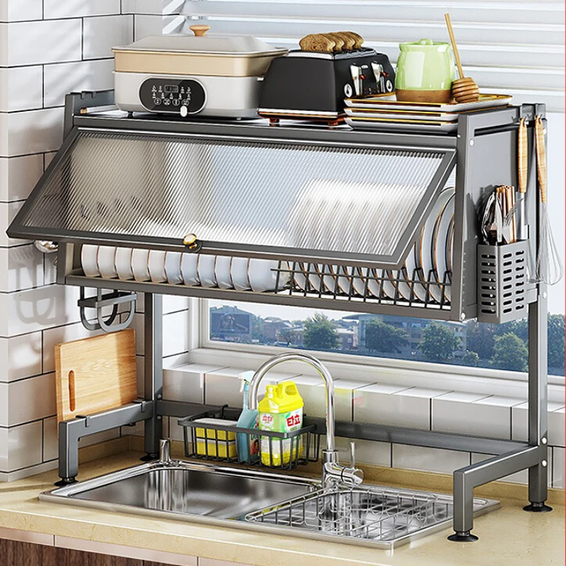 Kitchen Sink Storage Rack Over The Sink Dish Drying Rack with Cover Countertop Bowl Plate Tableware Organizer