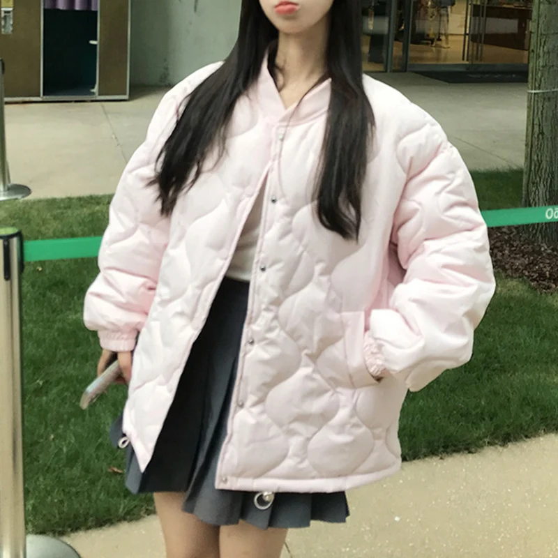

Korean Pink Down Cotton Padded Jacket Women Round Neck Single Breasted Parkas Woman 2025 Long Sleeve Warm Thicken Coat Female