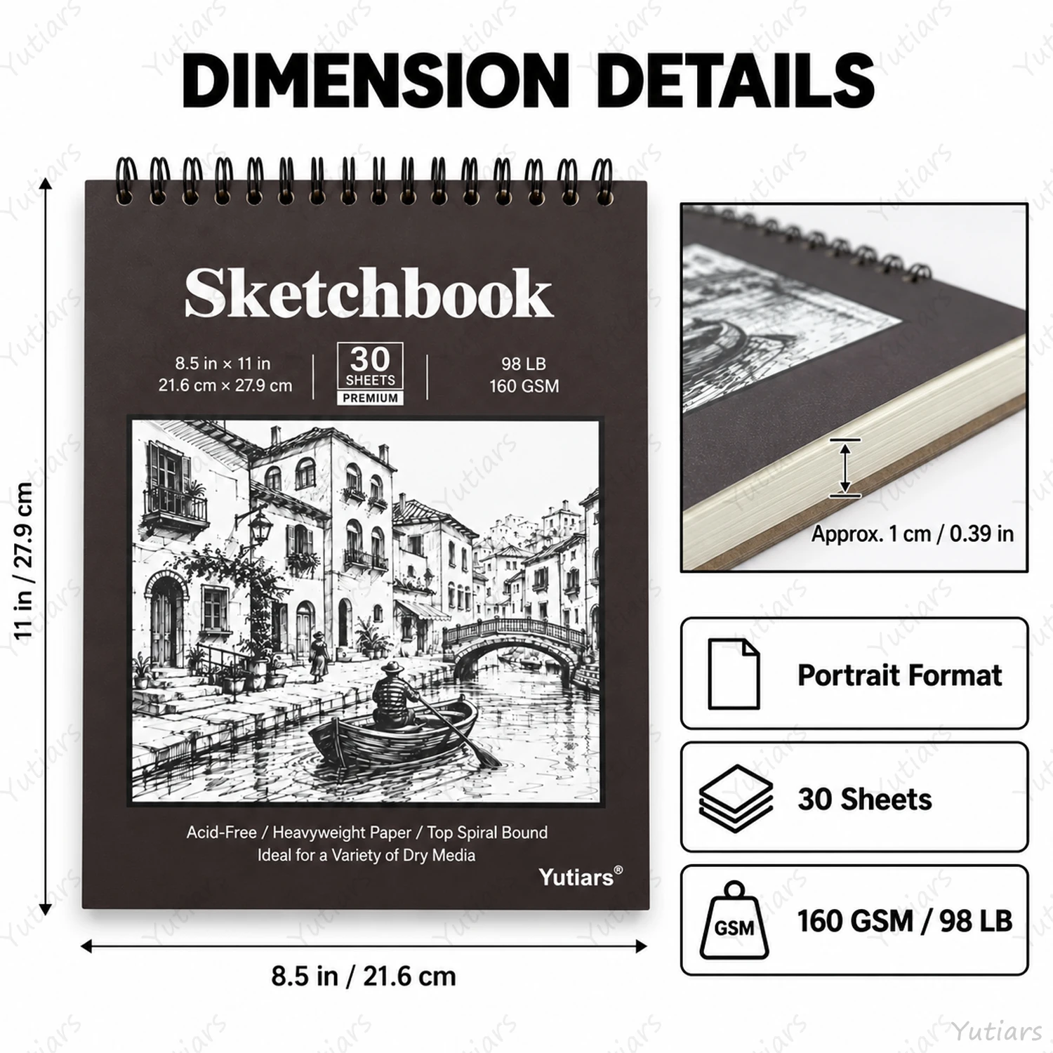 30 Sheets Spiral Bound Sketchbook, 160 GSM Acid-Free Drawing Paper Pad for Pencil, Charcoal, Crayon and Dry Media Art Supplies