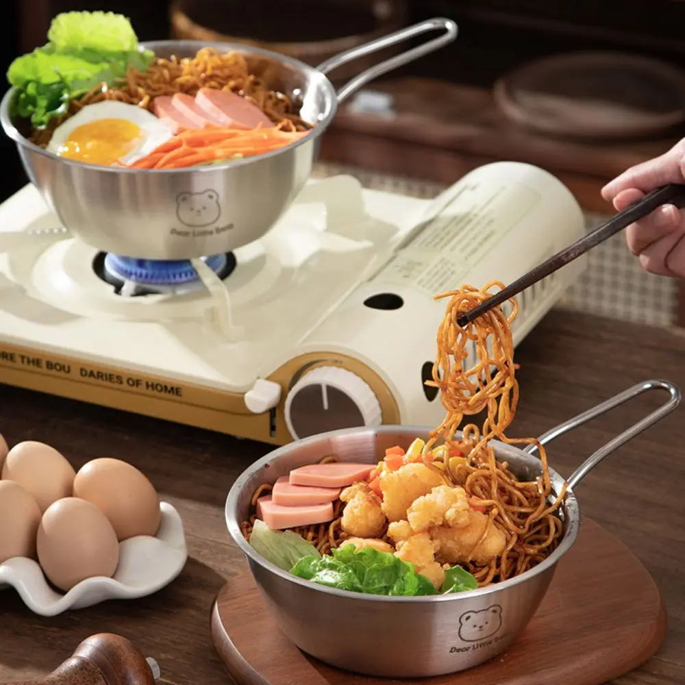 

Bear Pattern Korean Noodle Bowl Doubel/Single Handle 304 Stainless Steel Salad Bowl Shockproof Seafood Rice Pot Dormitory
